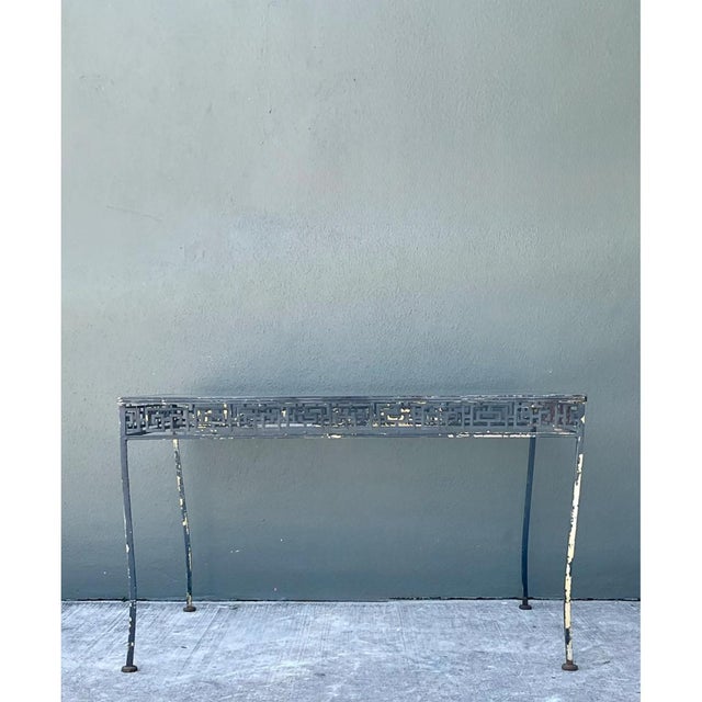 Metal Vintage Meadowcraft Greek Key Metal and Glass Patio Table For Sale - Image 7 of 12