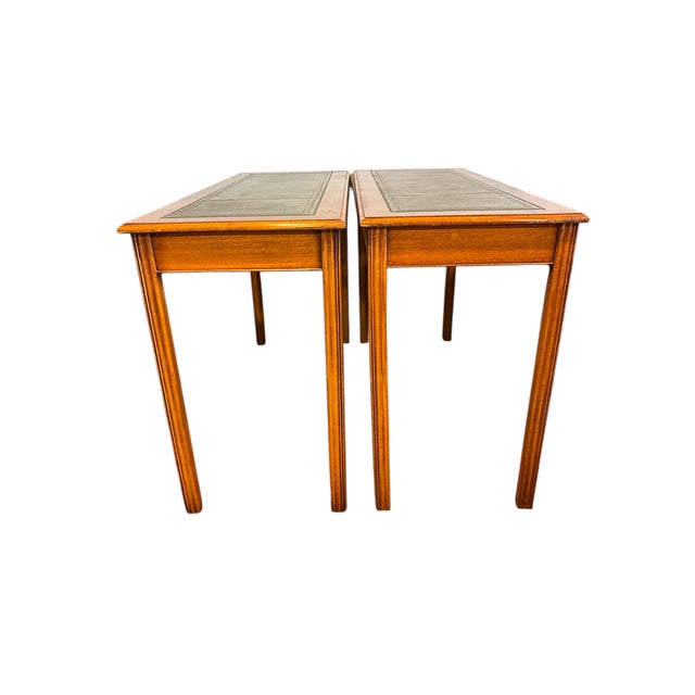 English Yew Tables with Green Leather, Set of 2 For Sale - Image 4 of 6