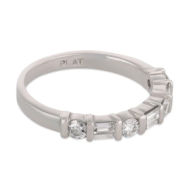 Mid Century Baguette and Round Diamond Platinum Half Eternity Band, Size 4.5 For Sale - Image 4 of 7