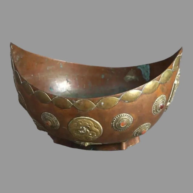 Antique Tibetan Style Jeweled Mixed Metal Copper & Brass Ceremonial Bowl, Late 19th Century For Sale - Image 10 of 12