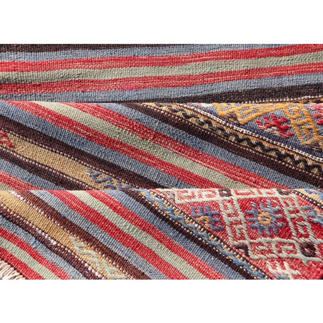 Mid 20th Century Vintage Turkish Kilim With Horizontal Stripes and Tribal Motifs in Bright Tones For Sale - Image 11 of 12