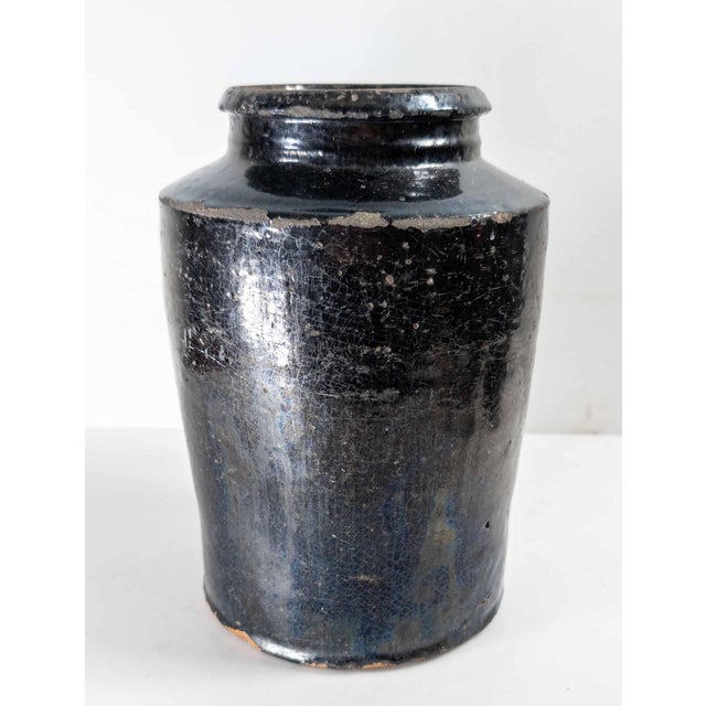 19th Century 19th Century Rustic Primitive Black Glazed Redware Storage Jar For Sale - Image 5 of 12