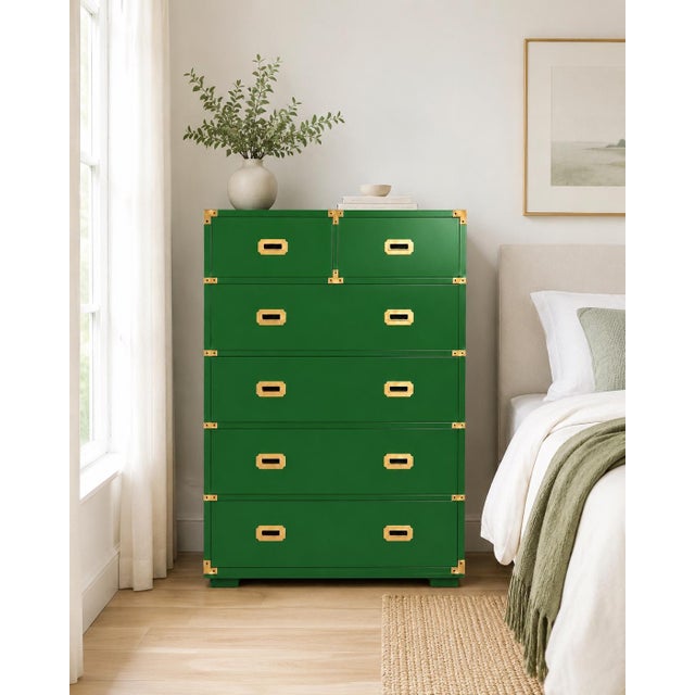 Bernhardt Vintage Bernhardt Campaign Dresser Reimagined in Emerald For Sale - Image 4 of 5