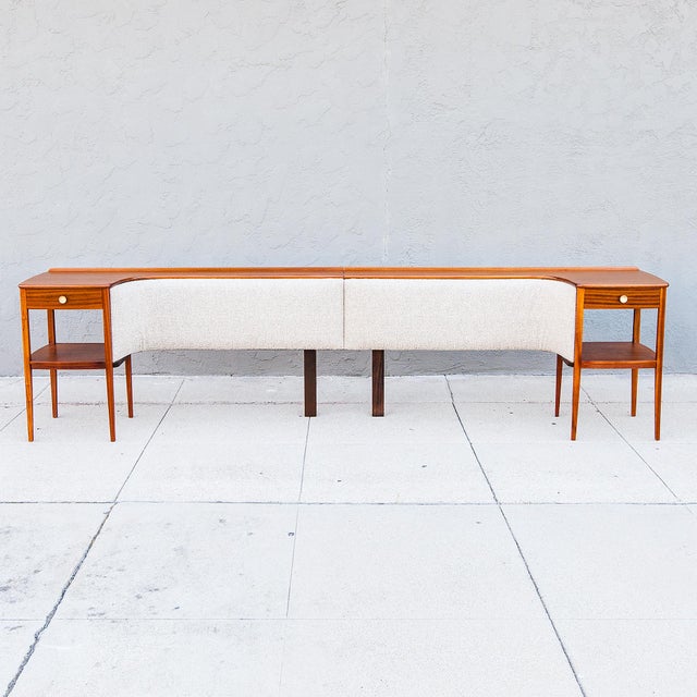 Harvey Probber Restored 1960s Sapele Mahogany Upholstered King Headboard With Built-in Nightstands For Sale - Image 4 of 18