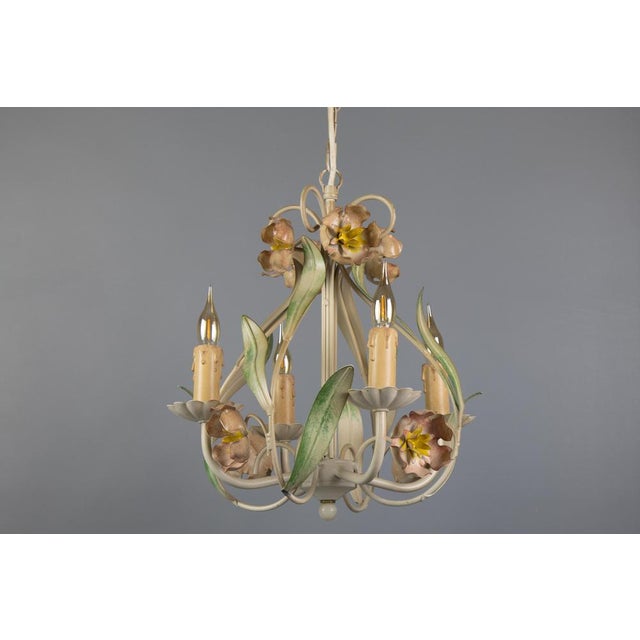 Hollywood Regency Style Floral Painted Metal Four-Light Chandelier, France For Sale - Image 15 of 18