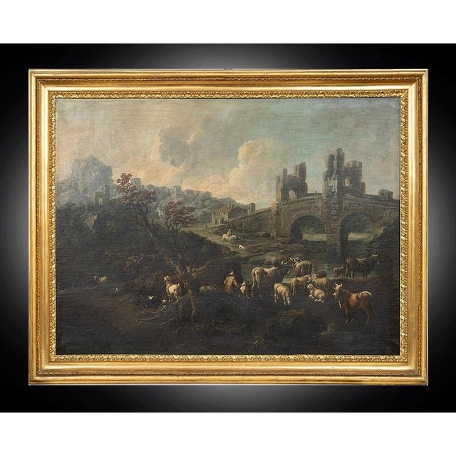 Brown After Domenico Brandi, The Mammolo Bridge and a Roman Landscape with Ruins, Naples, Early 18th Century, Oil Paintings on Canvas, Framed, Set of 2 For Sale - Image 8 of 8