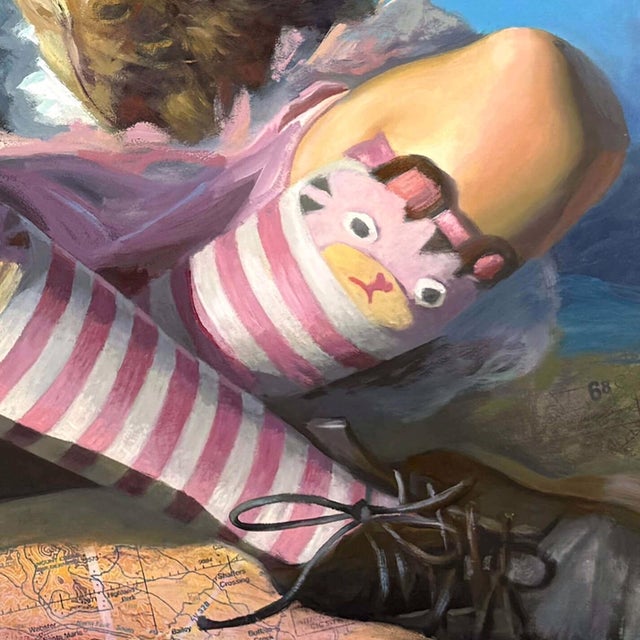 Early 21st Century Cruising Altitude by Denise Dambrackas | Acrylic & Oil on Panel Girl playing with a toy airplane in a sky setting. For Sale - Image 5 of 5