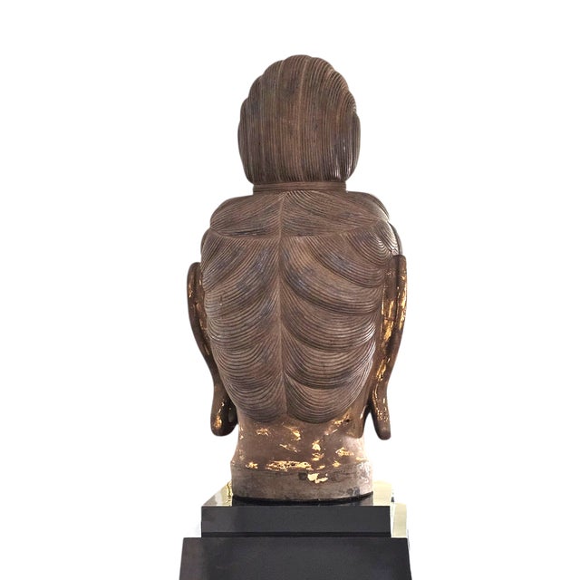 Monumental Thai-Style Buddha Head Sculpture on Lacquered Pedestal, 80"h For Sale - Image 13 of 13