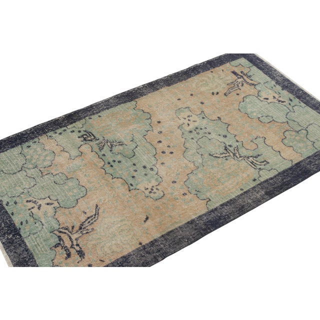 Art Deco 1960s Hand-Knotted Vintage Distressed Deco Rug in Blue, Cream Floral Pattern For Sale - Image 3 of 6