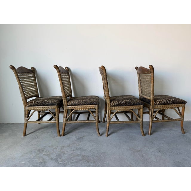 1980s Vintage McGuire-Style Organic Rattan & Leather Dining Chairs – Set of 4 For Sale - Image 5 of 12