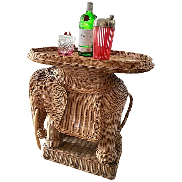 Vintage Woven Wicker Elephant Tray Side Drinks Table With Wood Tusks, Tropical Regency Style For Sale In Jacksonville, FL - Image 6 of 13