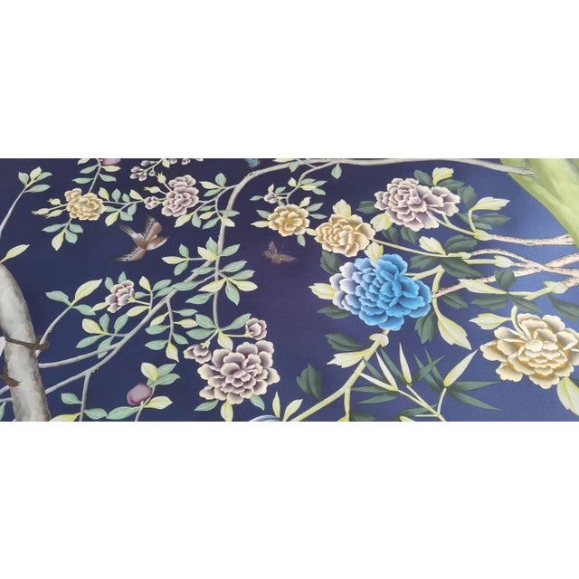 Navy Blue Chinoiserie Peacock Garden Wallpaper, Peacock and Peony - Set of 5 For Sale - Image 6 of 6