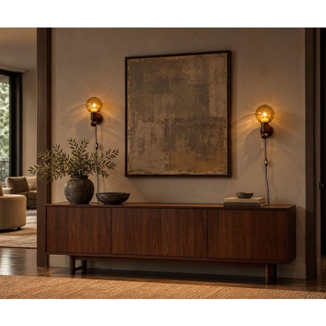 Luxus Vittsjö, Swedish Mid-Century Modern, Impressive Wall Sconces, Dark Stained Pine, Tinted Glass, Sweden, 1960s A pair...