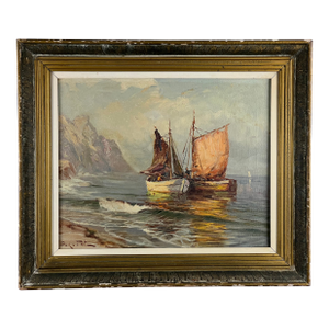Early 20th Century Painting Oil on Canvas “Two Ships Off the Beach” Signed Lower Left