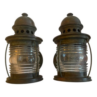 1920s Pair of Copper Lanterns With Original Verdigris Patina and Stamped Glass Jars For Sale