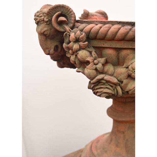 English Country Terracotta Garden Urns with Rams Heads, Set of 2 For Sale - Image 11 of 13