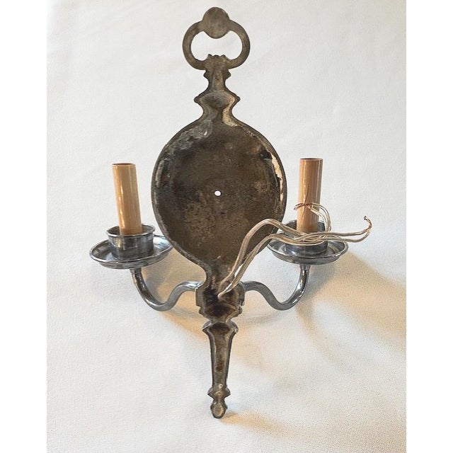 Metal Silver Double Arm Vintage Sconces - Early 20th Century. Salvaged From a Renovation. For Sale - Image 7 of 7