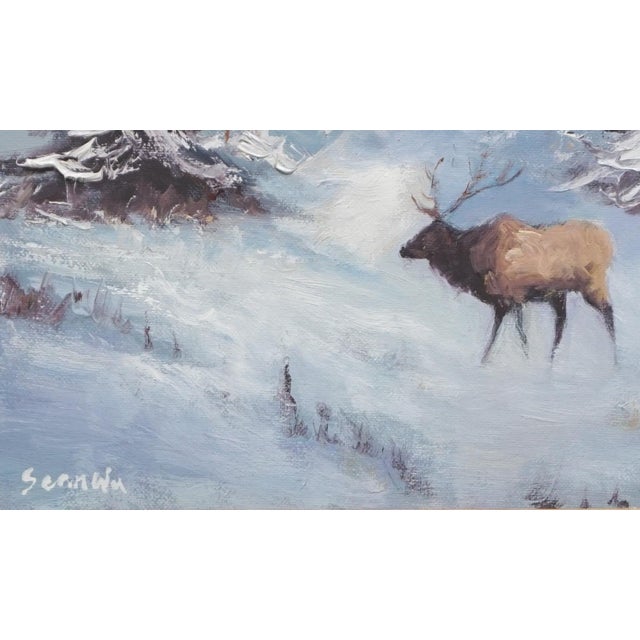 Original Oil Painting, Deer in the Winter Forest For Sale - Image 4 of 5