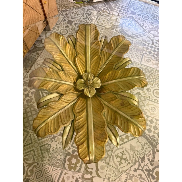 Lotus Flower Dining Table in Wood Carved with Gold Leaf and Octagonal Top in Ground Glass, 1970s For Sale - Image 10 of 11