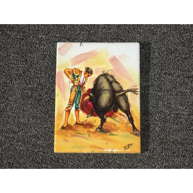 Spanish Vintage Hand Painted Tile Signed by H. Rico With Bull Fighter Matador and Bull For Sale - Image 3 of 12