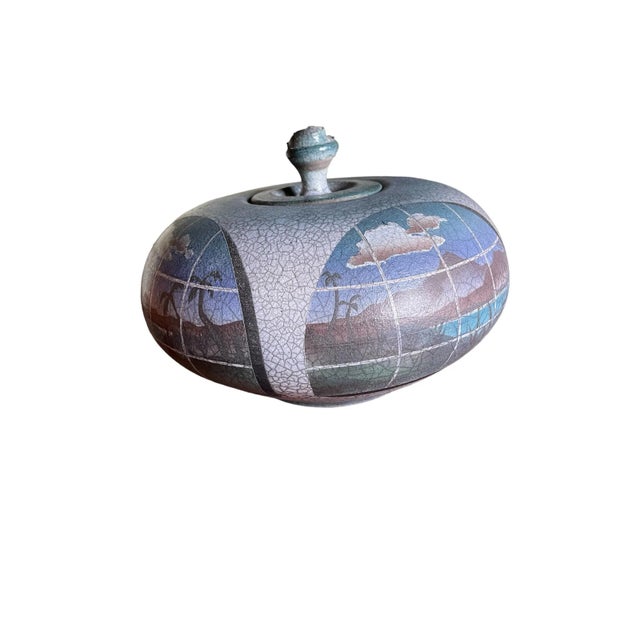 1990s Ken Jensen Raku Studio Pottery 1998 Signed Landscape Scene Covered Vessel For Sale - Image 5 of 10