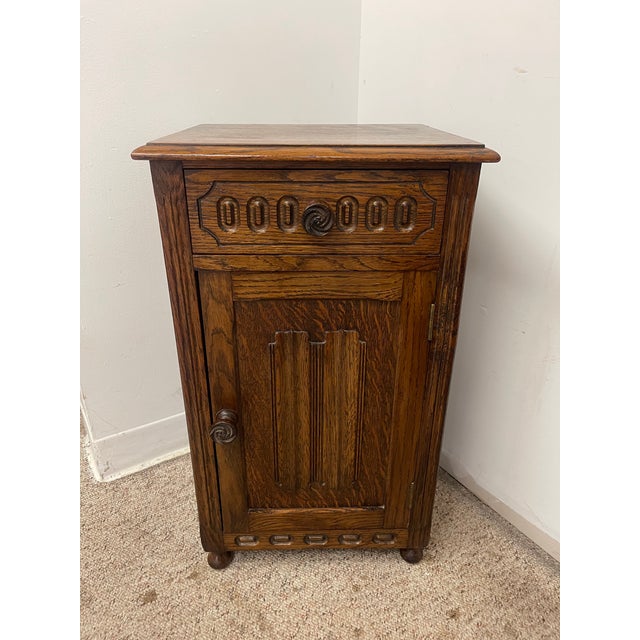 Vintage Welsh Style End Table Cabinet With Drawer and Carved Panel Door For Sale - Image 4 of 9