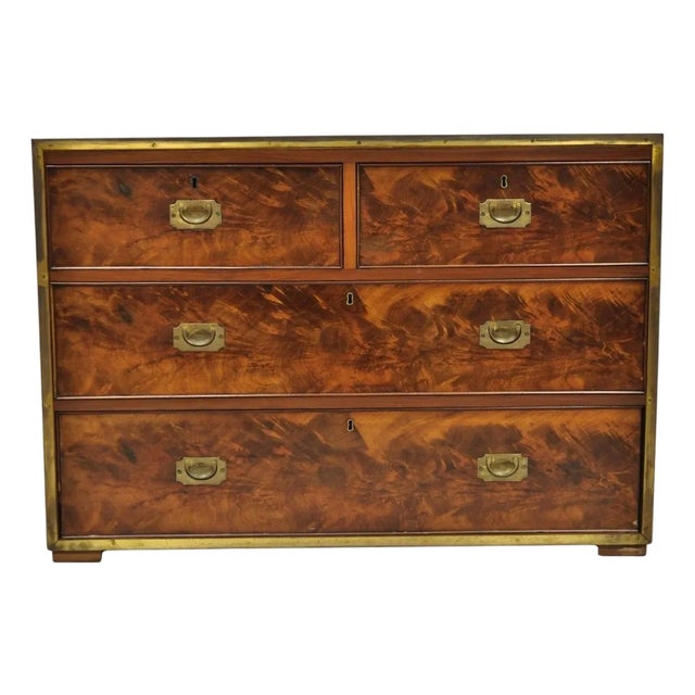 Antique English 4 Drawer Brass Banded Burr Walnut Campaign Chest Dresser For Sale