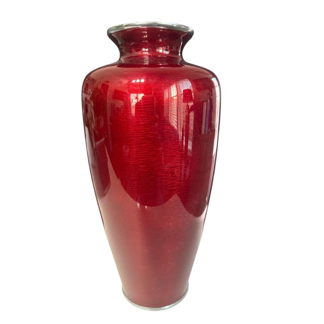 Metal Vintage Japanese Ando Red Guilloche Enamel Cloisonne Vase For Sale - Image 7 of 10