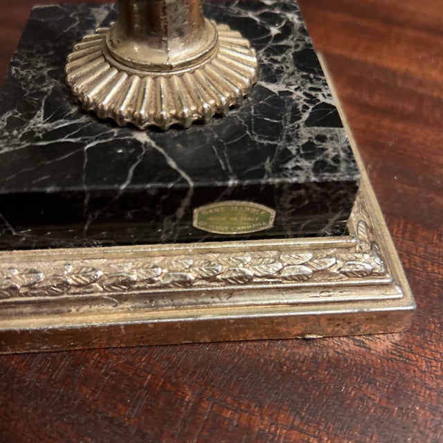 1950s Ornate Marble Based Silver Plated Candlesticks With Attached Snuffers - a Pair For Sale - Image 10 of 12