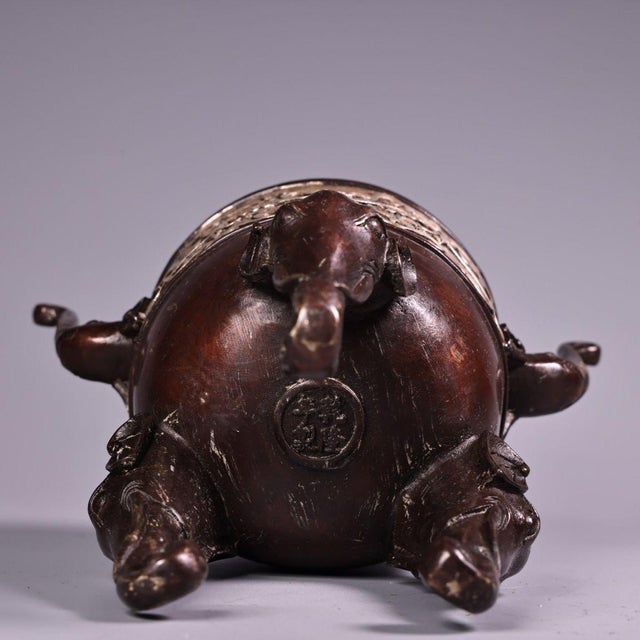 Bronze & Silver-Inlaid Tripod Censer With Elephant Legs & Bagua Lid For Sale - Image 4 of 8