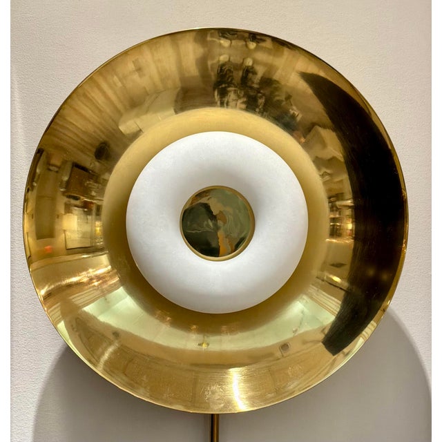 Original $2970, stylish Revelation Modern Brass and Alabaster Vice Versa LED Wall Sconces Pair, showroom floor samples