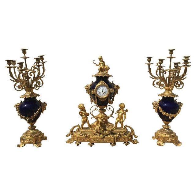 Napoleon III Gilt Bronze and Porcelain Mantel Clock Set, 19th Century, Set of 3 For Sale - Image 13 of 13