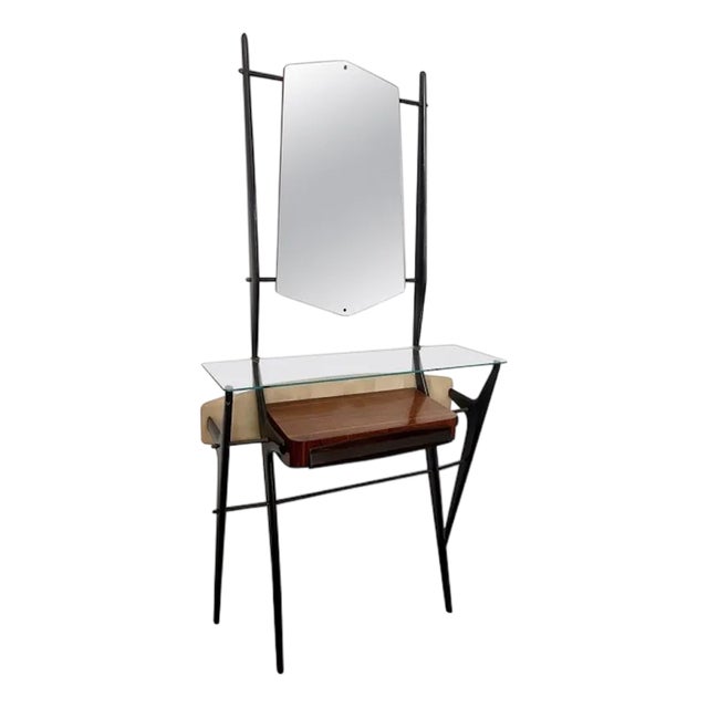 Lacquered Wood Dressing Table with Glass Top and Mirror, 1950s For Sale