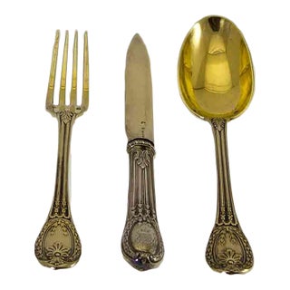 Late 19th Century Sterling Silver Gilt Louveciennes Pattern by Odiot 3-Piece Dessert Flatware Set For Sale