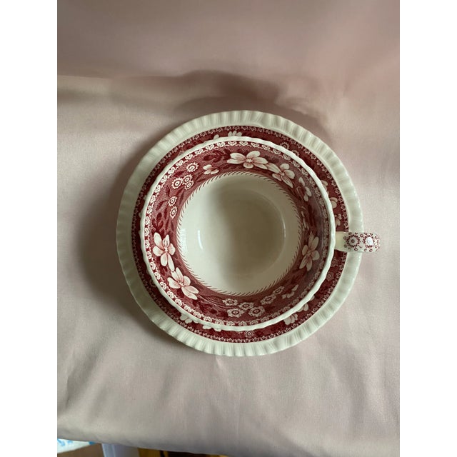 Final Markdown. Rare Find; Spode “Pink Tower” Design English Transferware Tea Cup & Saucer Set for 4(8 Pcs)Charming Ring Shaped Handles on Tea Cups. For Sale - Image 10 of 12