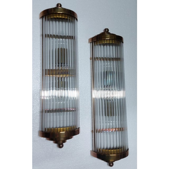 Pair Vintage Art Deco Skyscraper Wall Sconces Fixture Brass & Glass Rod Ship Light For Sale - Image 6 of 7