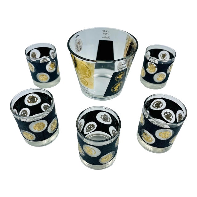 Vintage Bob Wallack for Cera Gold Leaf & Black Coin Motif Barware Set: Ice Bucket & 5 Lowballs For Sale