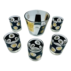 Vintage Bob Wallack for Cera Gold Leaf & Black Coin Motif Barware Set: Ice Bucket & 5 Lowballs