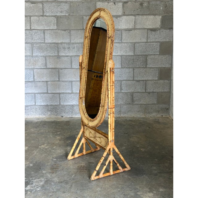 Wood 1980s British Colonial Style Bamboo, Cane, and Rattan Cheval Floor Mirror For Sale - Image 7 of 12