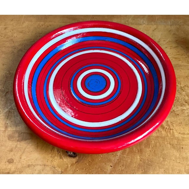 1960s Vintage Raymor Red and Blue Striped Ceramic Plate For Sale - Image 5 of 12