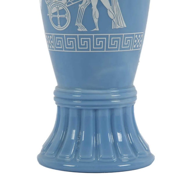 Traditional Vintage Jim Beam Blue Milk Glass Table Lamps With Greco‑Roman Chariot Reliefs, Pair For Sale - Image 3 of 5