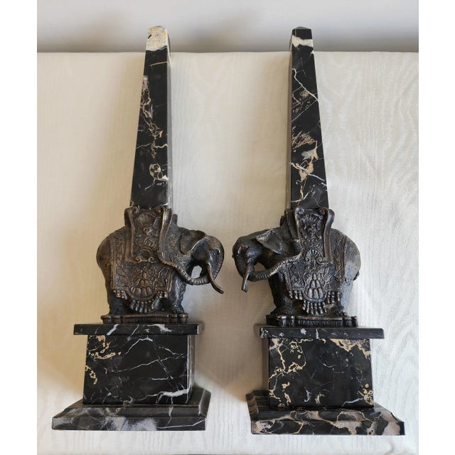 Pair of Antique Grand Tour Portero Marble Obelisks With Bernini Style Bronze Elephants For Sale - Image 12 of 15
