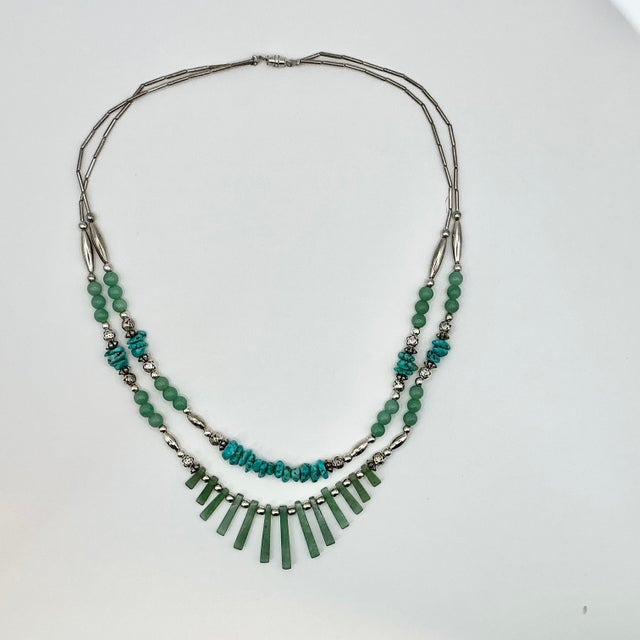 1970s Vintage Southwestern Mexican Boho Chic Double Strand Sterling, Turquoise & Jade Necklace For Sale - Image 6 of 18