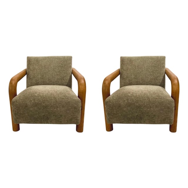 Modern Pale Sage Woven Balance Lounge Chairs Pair For Sale