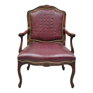 Late 20th Century French Country Louis XV Style Burgundy Leather Faux Reptile Cowhide Armchair For Sale