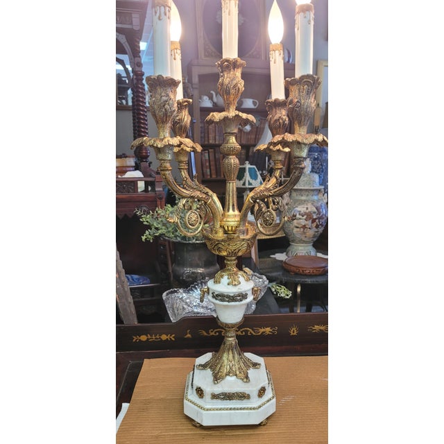 1950s Pair French Stone and Gilt Brass Candelabra Lamps For Sale - Image 13 of 16