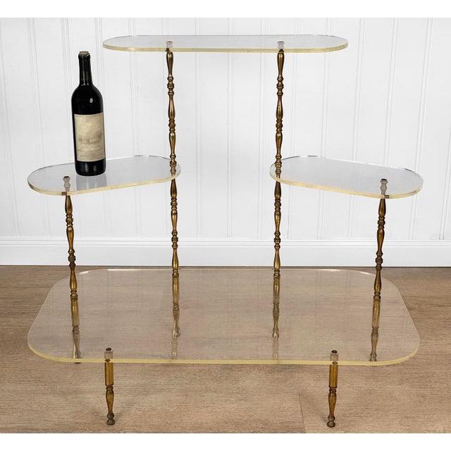 - Original 1970's 4-Tier Plant Etagere Stand - Solid Brass Stems with Wonderful Tarnishing - Robust Clear Lucite Oval Tops...