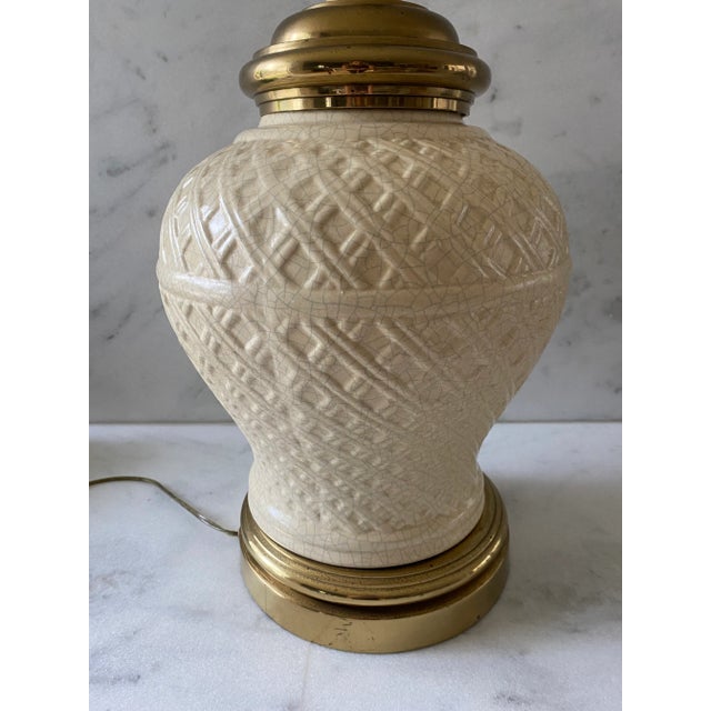Metal Vintage Brass and Ceramic Basket Weave Paul Hanson Lamp For Sale - Image 7 of 13