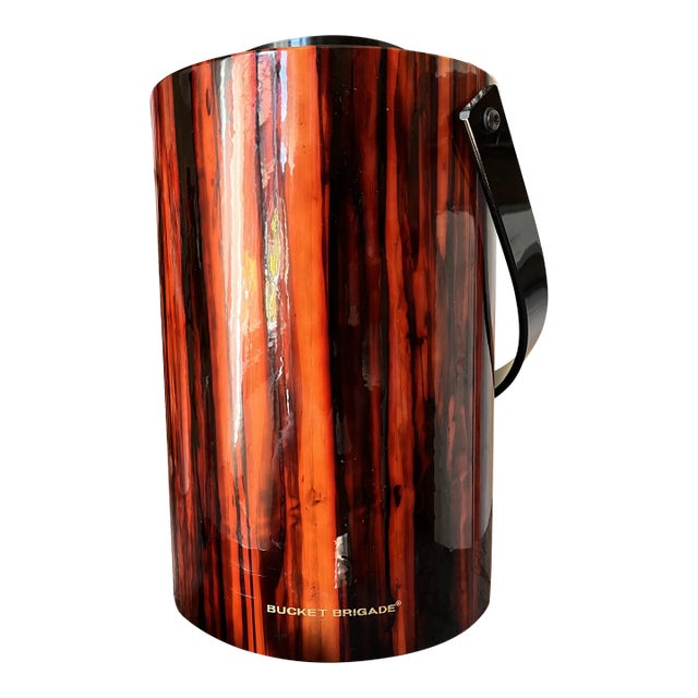 Faux Bois Lucite “Bucket Brigade” Ice Bucket With Tongs Mid Century For Sale