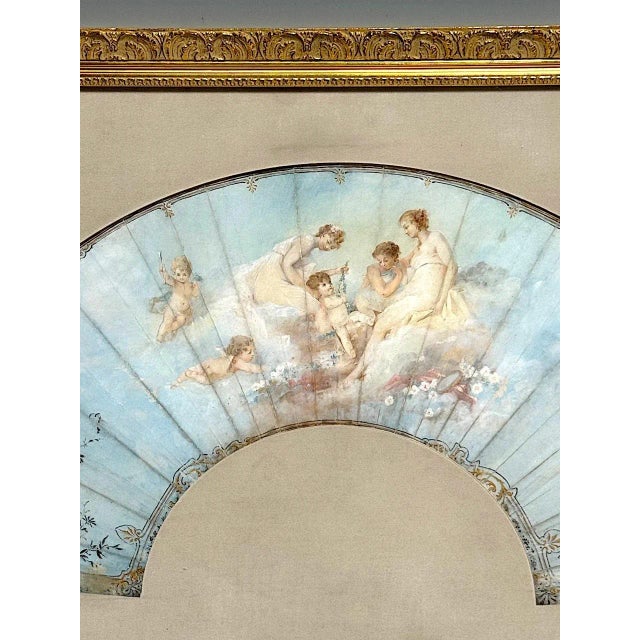 Wood Antique French Louis XV Period Hand Painted Pale Blue Fan in Gilt Frame With Angels and Cherubs For Sale - Image 7 of 13